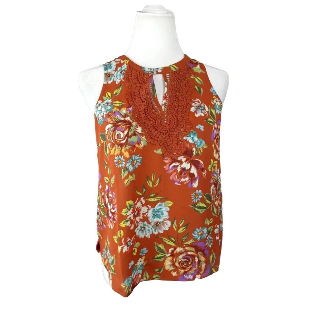 New DANIEL RAINN Sleeveless Floral Crochet Top Rust Multicolor Sz Petite Small